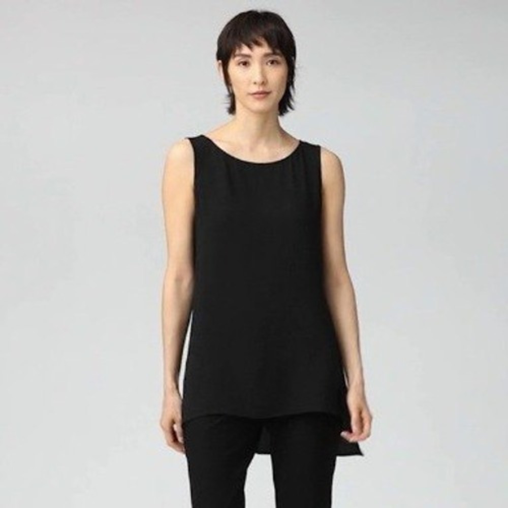 Eileen Fisher System Black Silk Georgette Bateau Neck Tank Stepped Hem | Size S